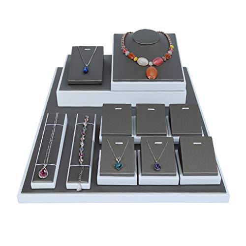 DLT Comercial Moderno Joyas Caja de presentación Conjunto Cepillado de Piel sintética, exhibición de la joyería Risers for los joyeros y coleccionistas, Gris y Blanco, 12 Piezas