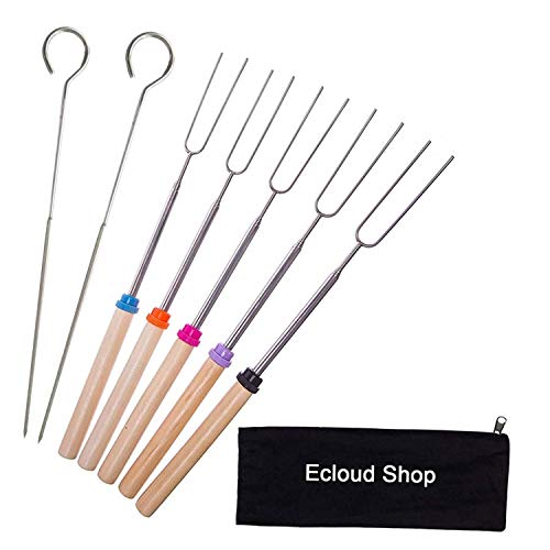 Ecloud Shop Marshmallow Tostado Barbacoa Stick-Conjunto de 5 Telescópico Acero Inoxidable Skewer Tenedores para Perros Calientes-Extensible a 32 Pulgadas de Largo-2 Varillas para Asar Gratis