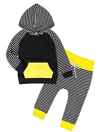 Edjude Sudaderas con Capucha Bebé Niño Otoño Conjuntos de Ropa Manga Larga con Bolsillo Pantalones 6-9 Meses Raya Negro