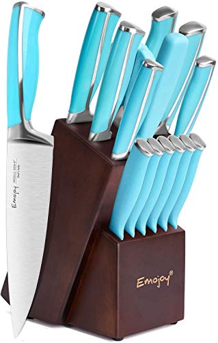 Emojoy Juego de 15 cuchillos de cocina con bloque de madera, mango azul para el juego de cuchillos de cocina, perfecto juego de cubiertos de acero inoxidable alemán azul