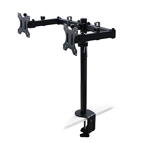 Emuca - Soporte de monitor doble 13 a 32 pulgadas para mesa, brazo articulado pantalla escritorio hasta 8 kg, ajustable en altura, inclinable y giratorio 360º, MAX VESA 75x75mm-100x100 mm, acero negro