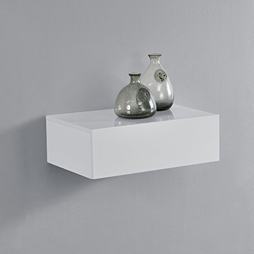 [en.casa] Mesita de Noche de Pared con un cajón - Lacado Brillo Blanco - 46x30x15cm