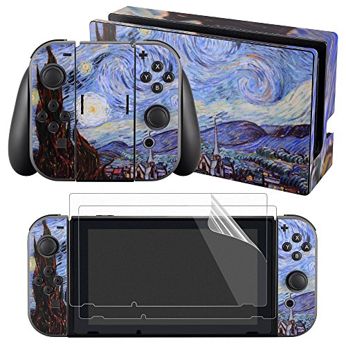 eXtremeRate Conjunto Completo de Pegatinas Cubierta Adhesiva Protectora de Piel Kit de protección para Consola Joy-con Radiador de Nitendo Switch con 2 Protectores de Pantalla La Noche Estrellada