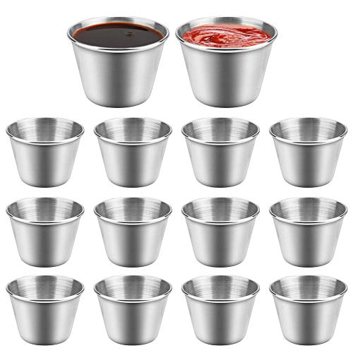 FAVENGO 14 Pcs Tazas de Salsa 2.5 Onzas Mini Cuencos Salsa Plato de Salsa Salseros Pequeños Cuenco de Especias de Acero Inoxidable para Salsas Aperitivos Postre, Aptos para Lavavajillas, Apilables