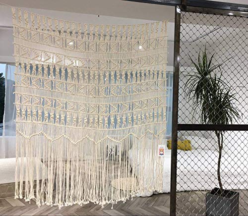 Flber Cortina de macramé para colgar en la pared, macramé, tejido a mano, bohemio, telón de fondo de boda, cortinas de cocina, 132 cm de ancho x 56 cm de alto