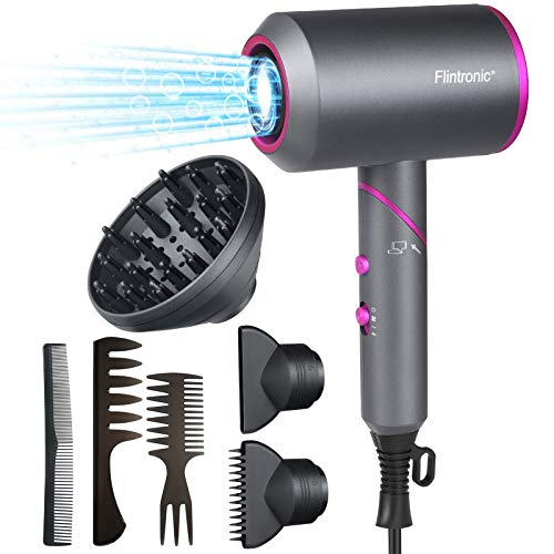 Flintronic Secador de Pelo Plegable y Portátil, 2000W Secador de Pelo Iónico Secador para cabello seco rápidamente, con 2 Boquillas y 1 Difusor, Botón de Aire Frío, 2 Velocidades, 3 Temperaturas