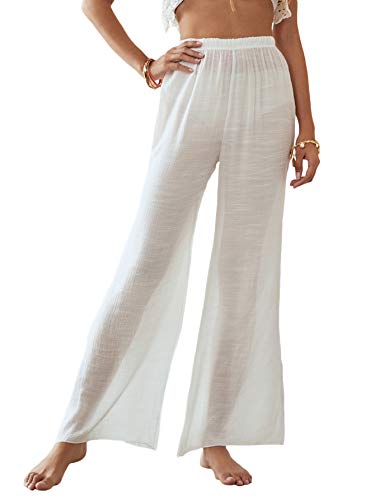 Floerns Women's Sheer Mesh Cover Up Pants Elastic Waist Wide Leg Trousers White L