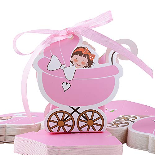 FLOFIA 50pcs Cajas Cajitas Caramelos Bautizo de Papel Cartón Niña Rosa Estilo Cochecito con Cintas Favor Box para Decoración Girls Fiesta Cumpleaños Regalo Detalles Bombones Invitados