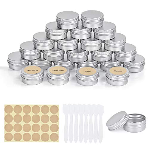 FORMIZON 24 Tarros de Aluminio Vacío, 20 ml Latas de Aluminio Vacías con Etiquetas y Mini Espátula, Tarros Cosmetica, Tarros Aluminio Vacíos para Crema Loción Bálsamo Jabón Maquillaje