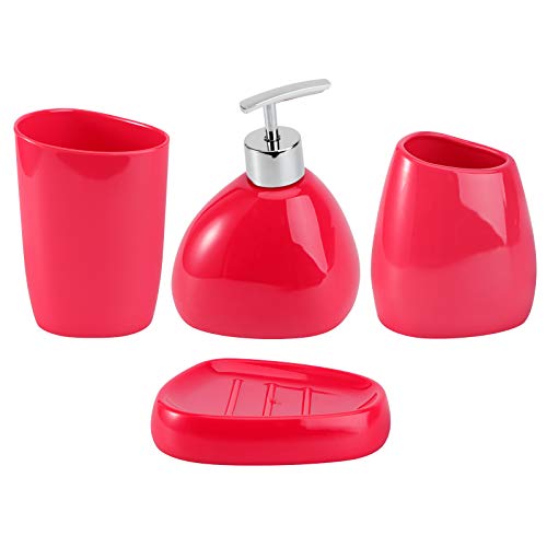 FRCOLOR 4 Piezas Conjunto de Baño de Acrílico Taza de Baño Vaso Vaso de Cepillo de Dientes Soporte de Plato de Jabón Champú Loción Bomba Botella Accesorio (Rojo)