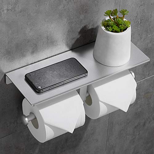 Geruike Doble Portarrollos Aluminio con Autoadhesivo para Papel Higiénico sin Taladro Soporte para Rollo de Papel de Baño Toallero Doble Acabado Mate con Soporte para Teléfono Celular (Plata)