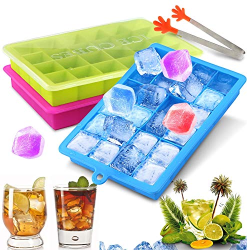 Gifort Bandeja de Hielo,Bandejas para Hielo Silicona con Tapa,Bandejas de Silicona,3 Pack Bandeja Del Cubo de Hielo de Calidad Profesional,Vino Frutas Hierbas Salsas Postres Cócteles Cola Whisky