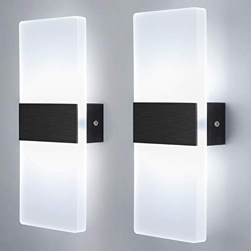 Glighone Apliques de Pared Interior 2pcs Lámpara de Pared Moderno 12W Lámpara de Pared Negro Cepillado Iluminación Luz Interior para Salon Dormitorio Pasillo Escalera, Blanco Frio