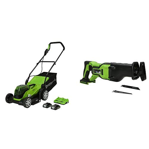 Greenworks Tools Cortacésped con batería G24X2LM36K2x, Li-Ion 24VX2 36cm Ancho Corte hasta 250m² + Batería Sierra de Sable GD24RS, 24V Li-Ion Control de Velocidad