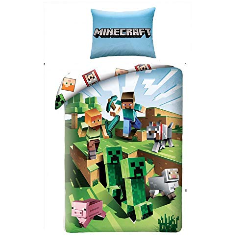 Halantex Juego de Cama Minecraft Cactus Que corren Funda nórdica y Funda de Almohada de algodón 140 x 200cm + Funda de Almohada 70 x 90cm Original