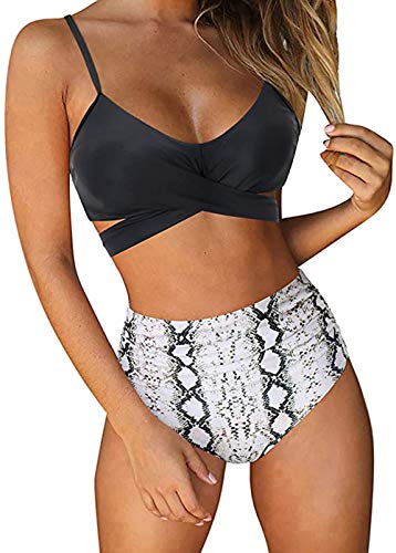 HenzWorld Traje de Baño de Dos Piezas para Mujer Conjunto de Bikini Halter Sexy para Mujer Traje de Baño Tankini Floral Estampado de Cintura Alta Criss Cross (Piel de Serpiente Talla L)