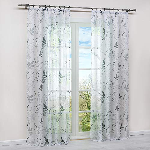 HongYa 1 cortina transparente de voile con cinta fruncida, para ventana (alto x ancho 225/140 cm), diseño de hojas