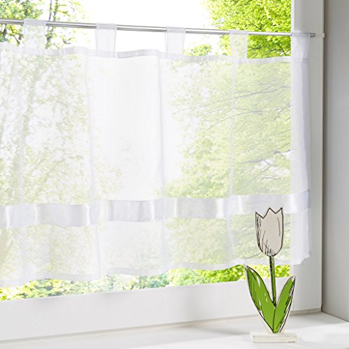 HongYa Visillo transparente de gasa con cinta de raso, para cocina, con trabillas, altura de 45/120 cm, color blanco