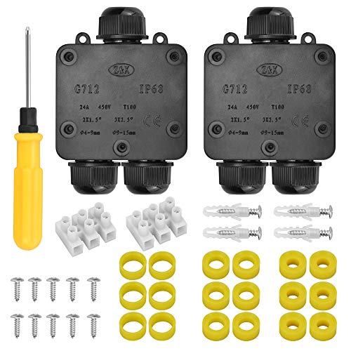 IGRMVIN 2 PCS Caja de Conexiones IP68 Impermeable Cajas de Conexión de Cables con 3 Vías Cajas de Empalmes Exterior para Cable Ø4~14mm con 6 Anillos de Caucho, 1 Destornillador, 2 Tornillos