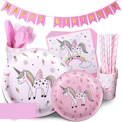 INTVN 72 pcs Vajilla de Unicornio, Suministros de fiesta de unicornio,Vasos, Platos, Servilletas, Cubiertos Vajilla de cumpleaños Infantil para Unicornio Fiesta 12 Invitados