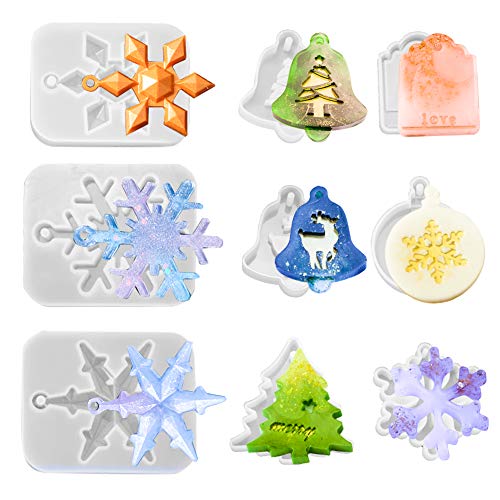 Iriisy 9 pcs moldes de resina de silicona con tema navideño Molde colgante de resina epoxi con orificio para colgar, copo de nieve, árbol de Navidad, alce, campana, etiqueta