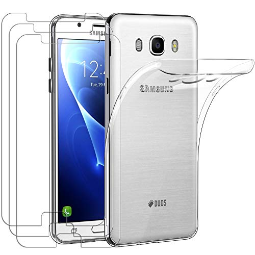 ivoler Funda para Samsung Galaxy J7 2016 + 3 Unidades Cristal Templado, Transparente TPU Silicona Anti-Choque Anti-arañazos [Carcasa + Vidrio Templado] Protector de Pantalla y Caso