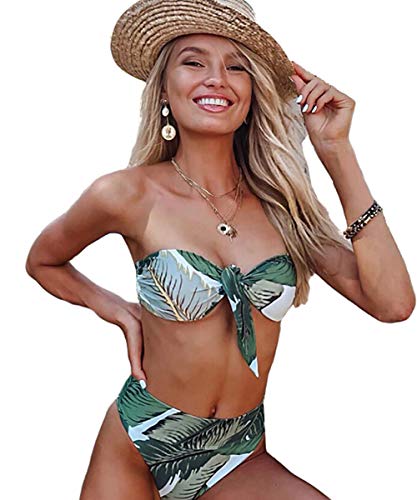 JFAN Mujer Conjunto De Bikini Traje de Baño 2020 Push up Bikini Floral Monokini Tropical Hojas Verdes Bikini