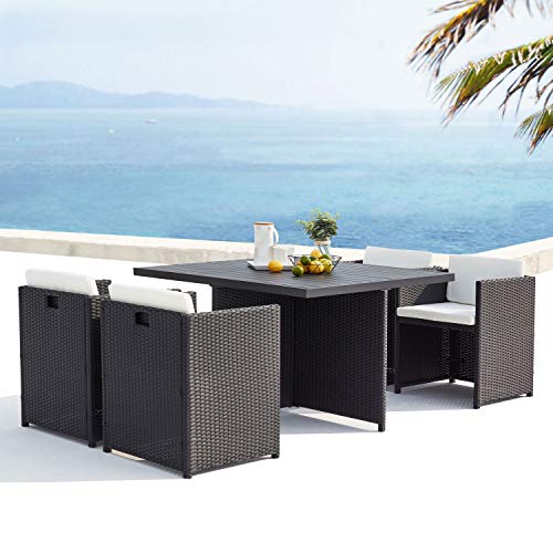 JFB Le Kaolino – Conjunto de muebles de jardín empotrable de 4 plazas de resina trenzada y aluminio negro cojines blancos