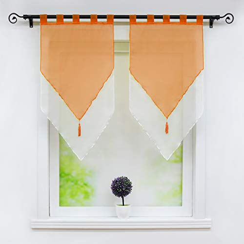 Joyswahl Lydia - Visillo con borla, bicolor, doble capa, con trabillas, 60 x 120 cm, color naranja y blanco