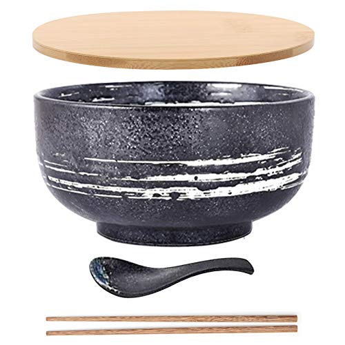 JSMY Cuenco de Fideos Vintage japonés con Cuchara de Tapa,Cuenco de Ramen de cerámica Cuenco de arroz Dibujado a Mano vajilla Retro Cuenco de Fideos de 6,5 Pulgadas