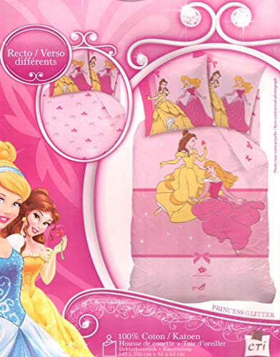 Juego de cama con funda de edredón de princesas Disney – 100% algodón • 140 x 200 cm + funda de almohada • Princess Plumón Cover (2 Princesas • Bella y Aurora • Glitter)
