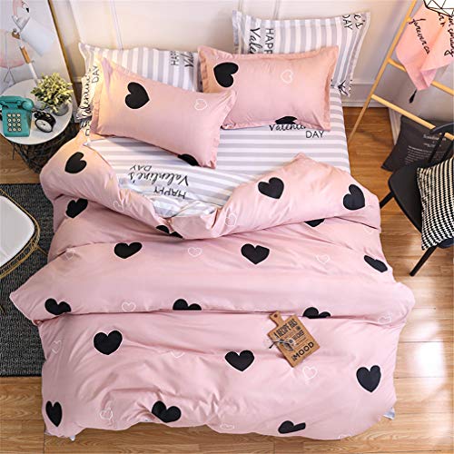 Juego de Funda Nórdica Conjunto de 4 Piezas(1Hojas + 1 Funda Nórdica+ 2 Funda de Almohada) Blanco Negro Rosa Punto Geométrico Forma de corazon Poliéster (Forma de corazon,220x240 cm - Cama 150 cm)