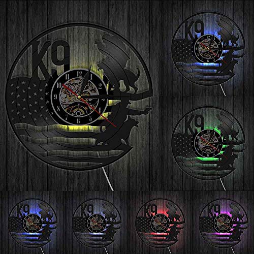 K9 Reloj de pared 3D con diseño de policía y perro militar, corte láser, silencioso, de vinilo, de cuarzo, para decoración de pared de la habitación del hogar, luces LED