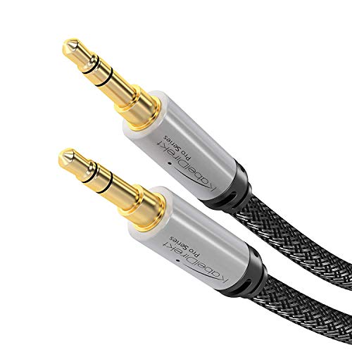 KabelDirekt – 1,5m – Cable auxiliar y cable jack de 3,5mm (cable de audio estéreo, carcasa de metal casi indestructible, funda de nailon sin nudos, para smartphones/otros dispositivos, negro/plateado)