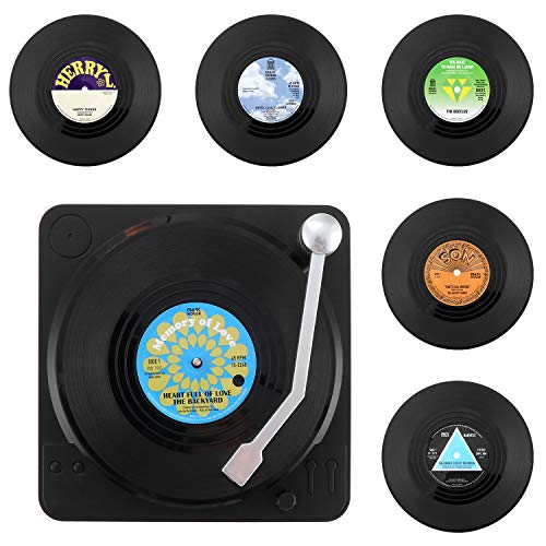 KEESIN 6 posavasos de vinilo antideslizantes, diseño retro con aislamiento para CD y café, con soporte (verde)