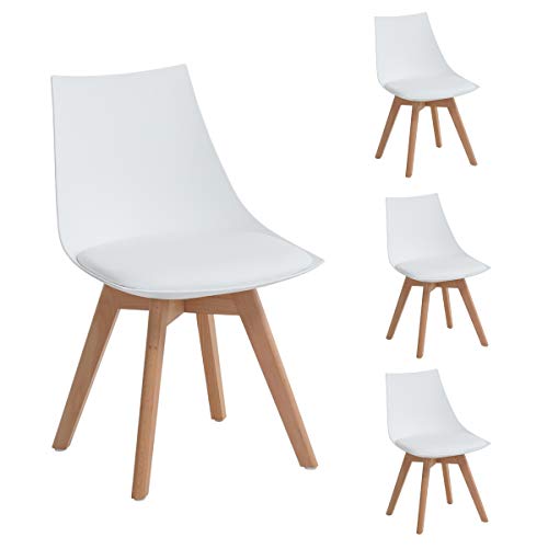 KIM JOY Pack 4 Sillas Comedor Sillas Cocina Nórdico con Las piernas de Madera de Haya Maciza y Cojín Cómoda, Blanco