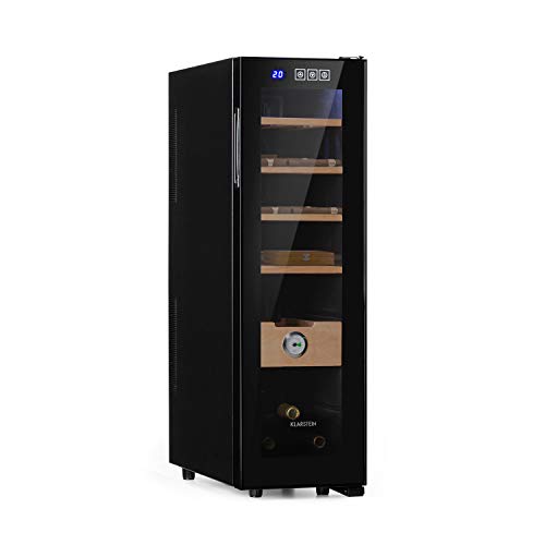 KLARSTEIN El Presidente 45 Slim - Humidor de Puros, Puerta Doble Vidrio, Módulos deslizantes, Indicador Humedad Aire, Temperatura Ajustable, 45 L, 4 Superficies, Madera de Cedro, Luces LED, Negro