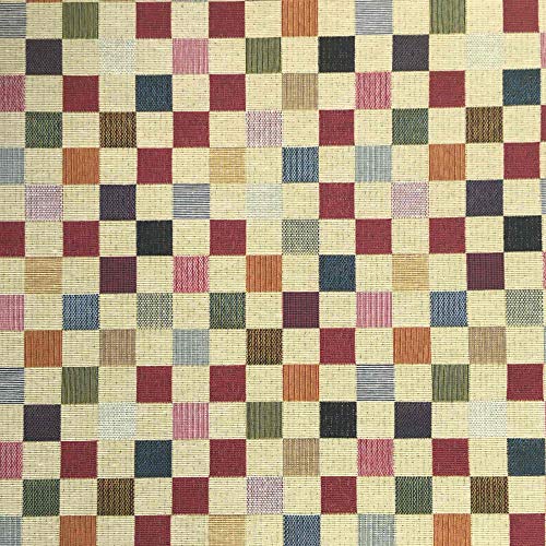 Kt KILOtela Tela de tapicería - Jacquard Gobelino - Retal de 100 cm Largo x 280 cm Ancho | Cuadros Grandes - Rojo, Naranja, Verde, Azul, Beige ─ 1 Metro