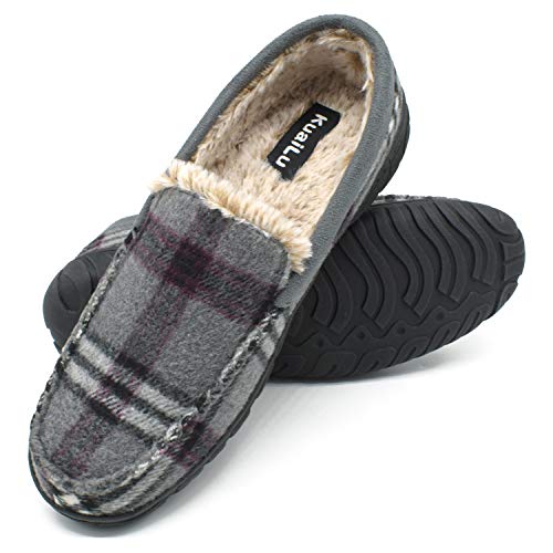 KuaiLu Zapatillas de Estar En Casa Hombre Invierno Cálido Forro de Felpa Zapatillas de Moccasin Espuma de Memoria de al Aire Libre Antideslizante Suela Tallas 41 Gris