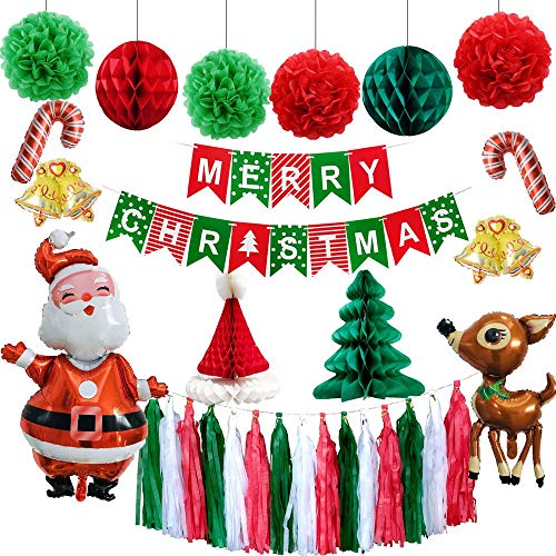 KungfuMall 1 Conjunto Papel Decoraciones de navidad Feliz Navidad Bandera Globo Navidad Bolas de panal Tejido de borla Papel Pompones Bolas de flores por Navidad Suministros de decoración para fiestas