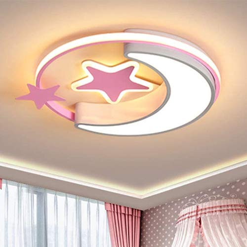 Lámpara de techo LED moderna creativa estrella luna lámpara de techo redonda regulable iluminación de control remoto habitación de niños y niñas, rosa, 60cm