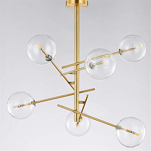 Lámparas de araña dorado American Simple 6 cabezas forjadas Cristal de hierro Bola redonda Pantalla LED Lámpara de techo colgante Colgante de luz para bar, café, sala de estar, dormitorio, comedor