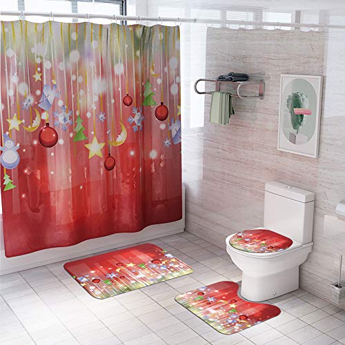 LAOSHIZI Navidad Alfombrillas de baño Suave Antideslizante alfombras de baño 4 Piezas Alfombra de Contorno en Forma de U y Cubierta del Asiento del Inodoro Cortina de la Ducha Impermeable Rojo
