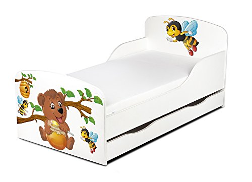 Leomark Cama Infantil Completa de Madera - Barril de Miel - Marco de Cama, Colchón y Cajón, Somier, Blanco Muebles para Niños, Moderno Dormitorio, Espacio para Dormir: 140/70