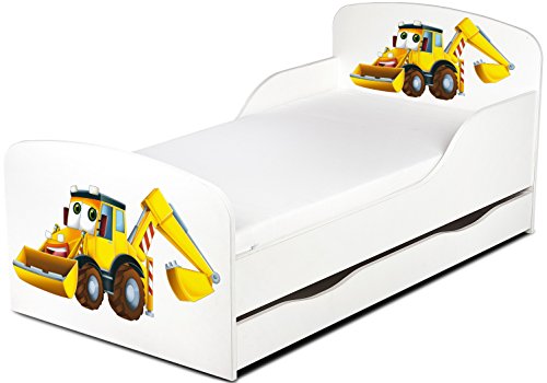 Leomark Cama Infantil Completa de Madera ~ Mi Excavadora ~ Marco de Cama, Colchón y Cajón, Somier, Blanco Muebles para Niños, moderno Dormitorio /Area de dormir 140/70 cm/