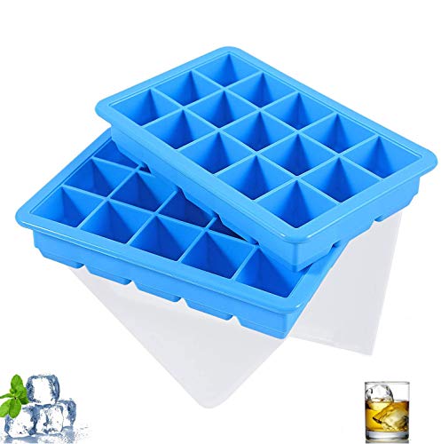 LessMo 3cm Bandeja de Cubitos de Hielo, moldes de Cubitos de Hielo de Silicona de 2 Piezas con Tapas Antideslizantes(Azul, cubo de hielo L)