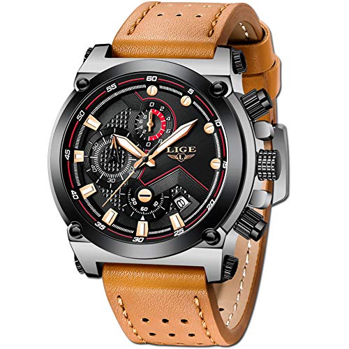 LIGE Relojes Hombre Deporte Impermeable Cronógrafo Hombre Moda Casual Analogicos Cuarzo Relojes Marrón Cuero Relojes