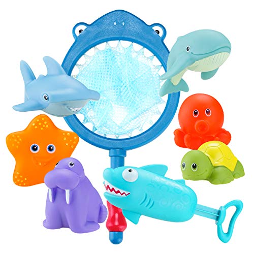 Locisne 8pcs Ocean Animal Baby Bath Toys, Spraying Floats Safe Bath Game Toy de Regalo para niños (Net, Starfish, Seal, Dolphin, Turtle, Octopus, Shark, Shark Gun)