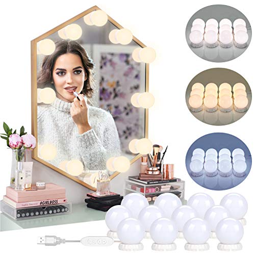 luces de espejo de tocador – 12 bombillas Hollywood Kit de DIY maquillaje LED luces ajustables 3 modos de color 10 niveles de brillo se adhieren cuarto de baño dormitorio alimentados por USB