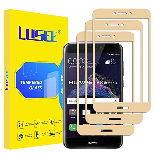 Lusee 3 Piezas Protector de Pantalla para Huawei P8 Lite 2017 [Cobertura Completa] Cristal Vidrio Templado [Dureza 9H] [Resistente a los arañazos 2.5D Borde Curvo Protector de Pantalla Oro